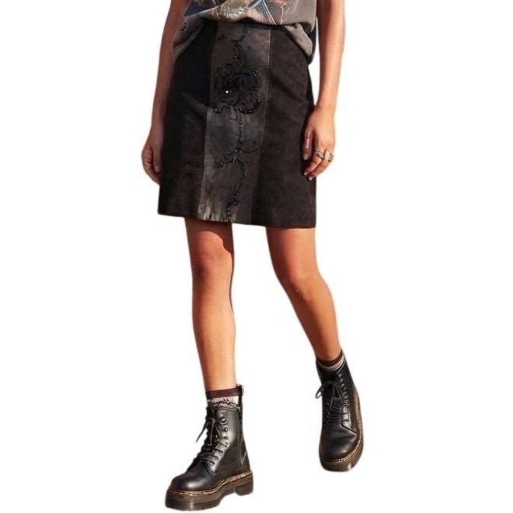 Leather Suede Skirt Black Floral Goth Emo Dark Romance Witchy 80s Vintage Size 8